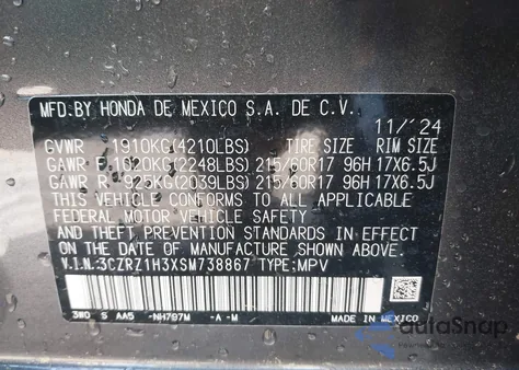 2025 Honda Hr-V 2Wd Lx из США, поврежденный, VIN 3CZRZ1H3XSM738867